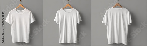 Three blank white t-shirts hang on wooden hangers against a gray wall, creating a clean display