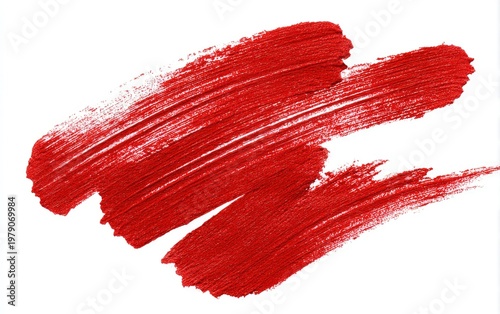 Crimson red paint strokes, rough textured, on white background, suggesting motion