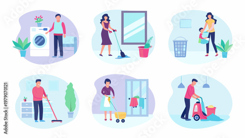 Illustrations depicting various household chores and domestic activities