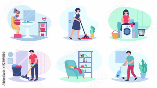 Illustrations depicting various household chores and domestic activities indoors