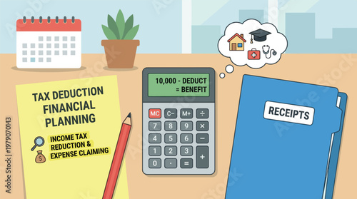 Illustration of an office desk with a tax deduction planning sheet, calculator, and receipt folder. Concept of income tax reduction, financial planning, and expense claiming