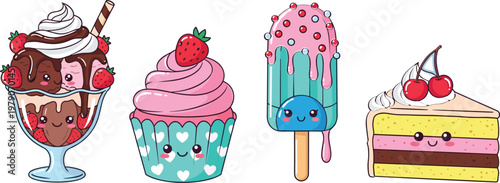 Cute dessert collection with ice cream sundae cupcake popsicle and cake slice colorful cartoon vector illustration isolated on white background