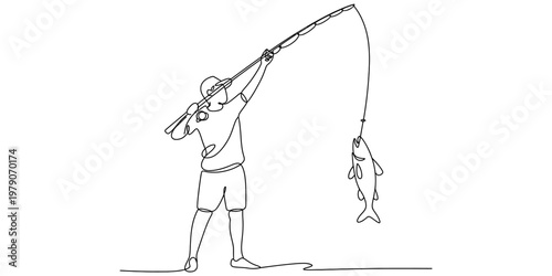 Minimalist one line drawing of a fisherman holding a fishing rod with a caught fish on the hook