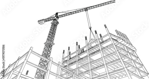 Construction site steel frame structure with tower crane architectural blueprint vector illustration in technical line art style