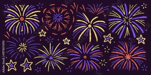 Colorful fireworks display with stars against a dark purple background