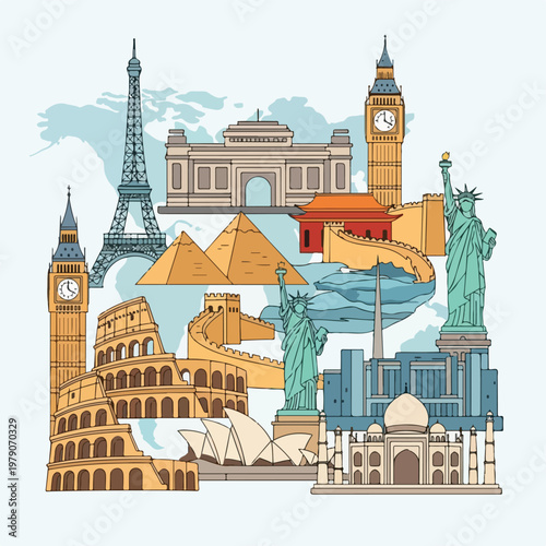 Illustration featuring global landmarks, monuments, and iconic structures, arranged in a vibrant collage
