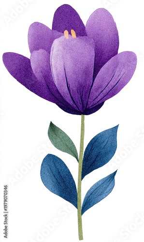 Watercolor illustration of a single purple flower with green leaves and stem against white