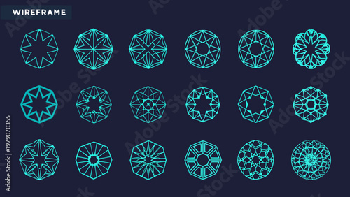 Collection of abstract geometric shapes resembling gemstones in wireframe style