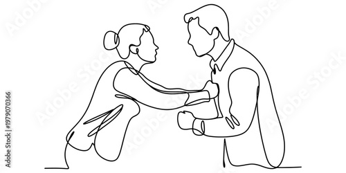 A minimalist single line drawing of a woman aggressively grabbing a man by his shirt collar area