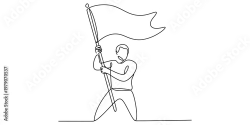 Continuous line drawing of a person standing firm while holding a flag representing achievement