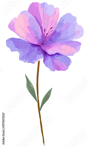 Watercolor illustration of a single, vibrant purple flower with a slender stem and leaves