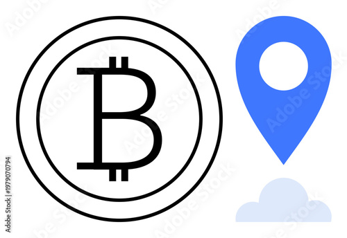 Cryptocurrency, blockchain, financial transactions, geolocation, digital economy, fintech. Bitcoin logo next to a location pin and cloud. Cryptocurrency and blockchain technology concept