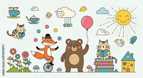 Cartoon Animals Playing with Balloons and Books.