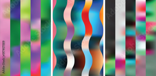 Vibrant abstract composition with colorful stripes and wavy lines in multiple hues