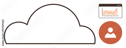 Technology, cloud computing, data storage, user interface, analytics, online tools. Cloud outline with user profile icon and growth chart. Cloud computing and technology concepts