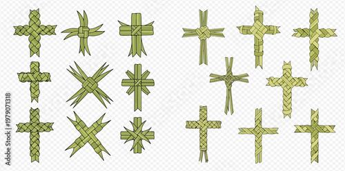 Collection of various palm crosses, religious symbols for Palm Sunday and Christian holidays.