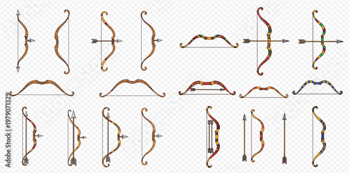 Set of various traditional and modern bows with arrows, isolated on transparent background, for archery and hunting sports.