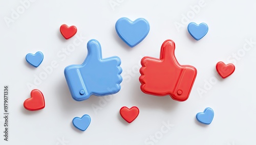 3D rendered image of thumbs up and hearts scattered on a white background