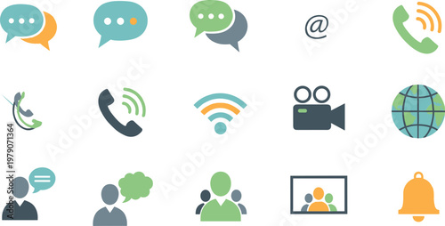 Communication and social media icon set featuring chat email phone wifi user notification symbols in modern flat vector style