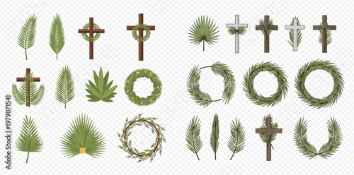 Palm Sunday and Easter religious symbols collection with crosses, wreaths, and palm leaves.