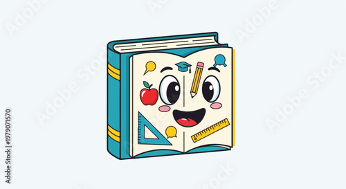 Cartoon Book Character with Stationery Items.