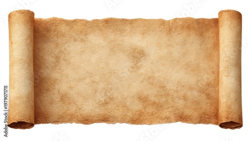 A textured, aged parchment scroll, unrolled, showing a blank space for writing