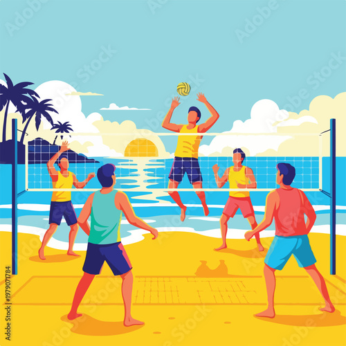 Illustration of a beach volleyball game during a sunset