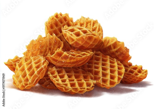 Golden-brown waffle fries stacked high in a pile