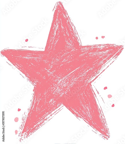 Pink star, rough-textured, hand-drawn look, with paint splatters, isolated on white