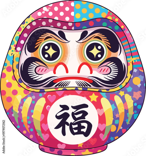 Vibrant Daruma doll with colorful patterns and Japanese character