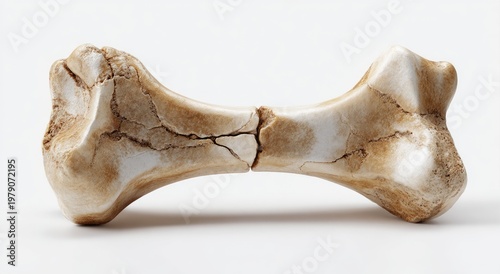 Cracked, aged bone segment, showing intricate fracture lines against a neutral backdrop