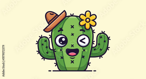 Cartoon cactus with hat and flower.