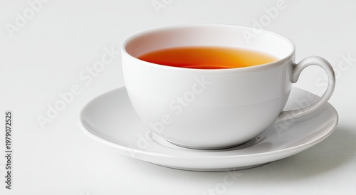 A white teacup filled with amber liquid rests on a matching saucer