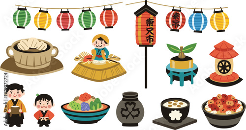 Vibrant Japanese festival scene with traditional food and decorations