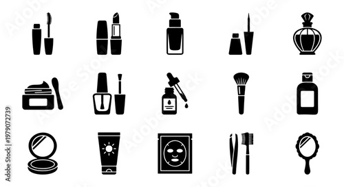 Cosmetic and makeup icon set with 15 black silhouettes, beauty product symbols for skincare and grooming, minimalist vanity and spa vector elements