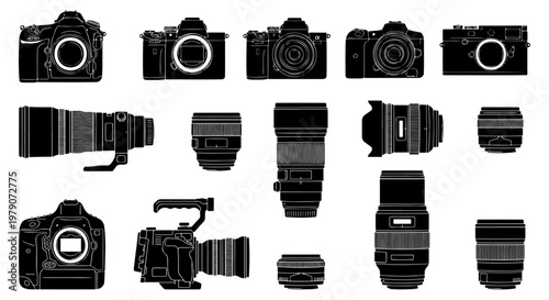 Professional camera equipment silhouettes, set of 15 photography gear icons, digital SLR and mirrorless camera bodies with interchangeable lenses