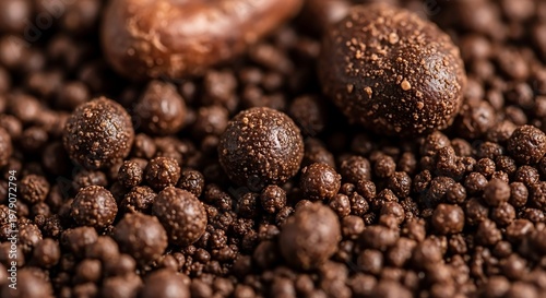 Rich texture of cocoa nibs and small chocolate spheres creating an enticing and delicious food ingredient abstract composition perfect for confectionery advertising and culinary inspiration with