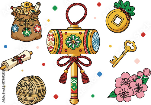Vibrant Japanese lucky charm objects with floral designs and colorful patterns