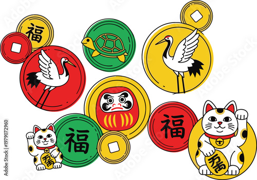 Vibrant Japanese lucky charms and symbols for prosperity and good fortune