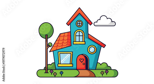 Colorful cartoon blue house with red roof.