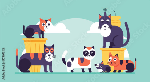 Cartoon Cats and Dogs Playing Together.