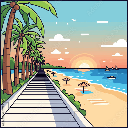 A serene beachside walkway lined with palm trees