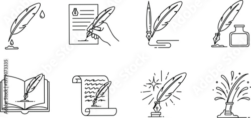 Feather quill writing icons set with ink pen manuscript book scroll creativity literature vector illustration minimal outline design collection