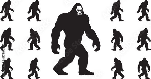 Bigfoot Sasquatch Silhouette Walking in Various Positions Illustration