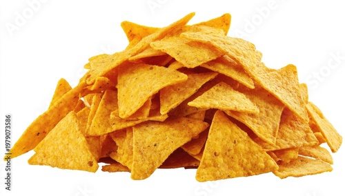 A mound of golden-yellow, triangular corn tortilla chips