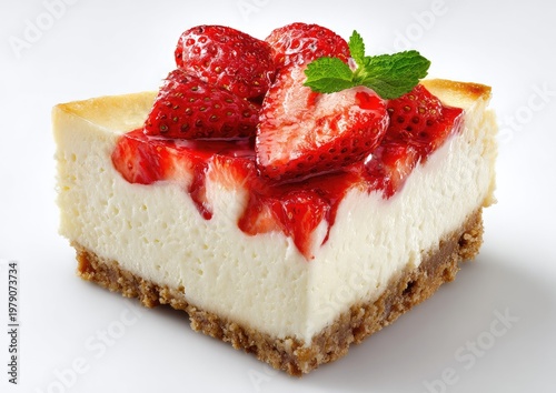 Creamy cheesecake slice topped with fresh strawberries and mint