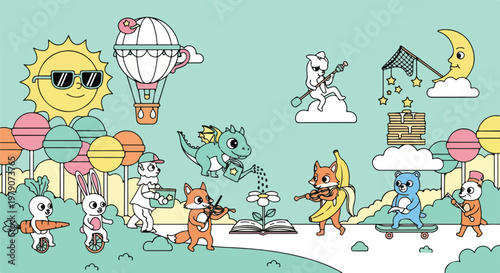 Cartoon characters playing in snow.