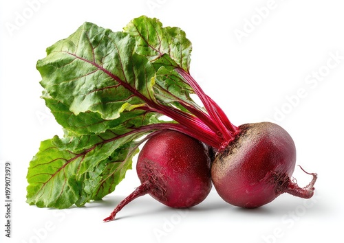 Two vibrant, fresh root vegetables with leafy green tops on a white background