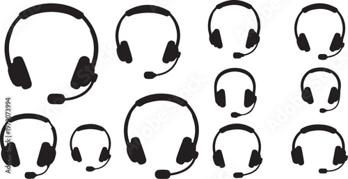 Collection of black headsets on white background illustration set