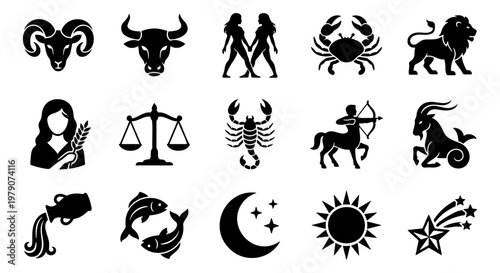 Zodiac signs and astrology icons set, black celestial horoscope symbols vector collection, 15 mystical astronomical elements for web and print design